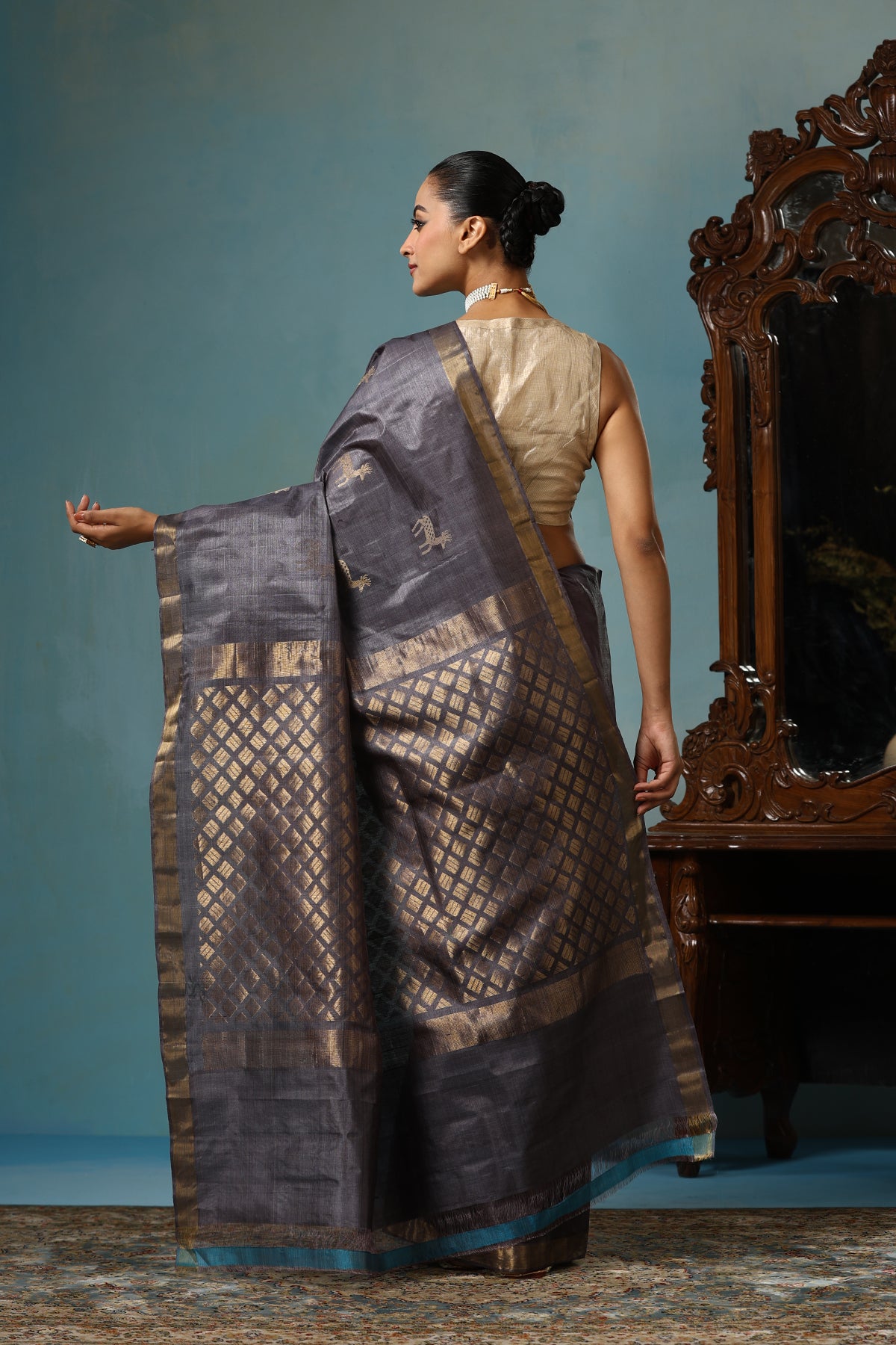 -  Tulip handmade grey Kosa Silk saree with cheetal hiran (deer) design and square box pattern on the palla