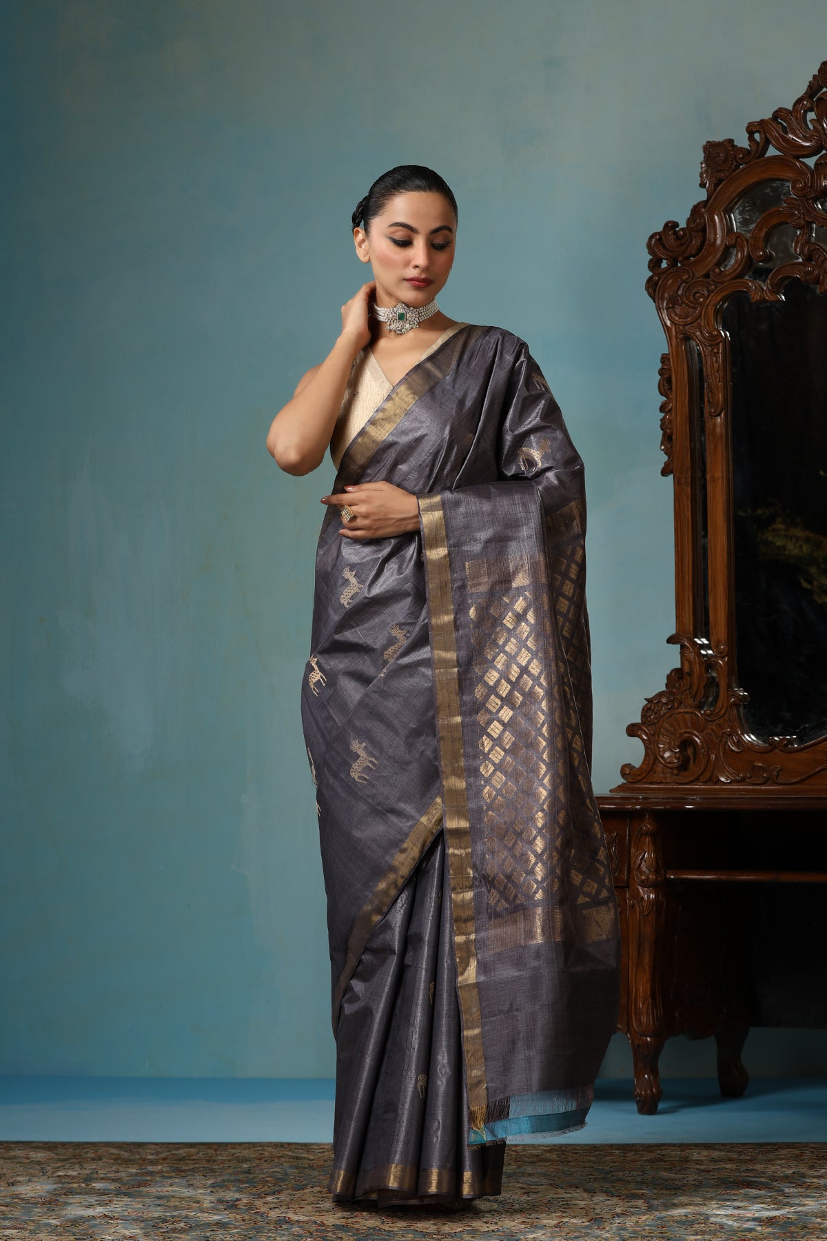 Tulip handmade grey Kosa Silk saree with cheetal hiran (deer) design and square box pattern on the palla