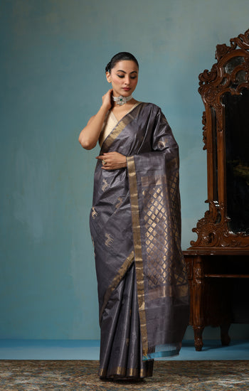 Tulip handmade grey Kosa Silk saree with cheetal hiran (deer) design and square box pattern on the palla