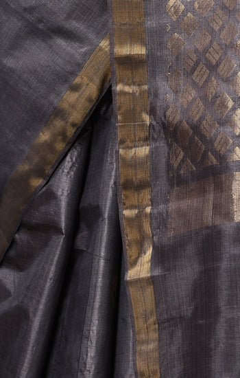 Tulip handmade grey Kosa Silk saree with cheetal hiran (deer) design and square box pattern on the palla