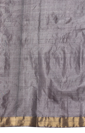 Tulip handmade grey Kosa Silk saree with cheetal hiran (deer) design and square box pattern on the palla
