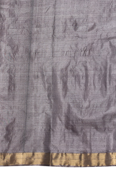 -  Tulip handmade grey Kosa Silk saree with cheetal hiran (deer) design and square box pattern on the palla