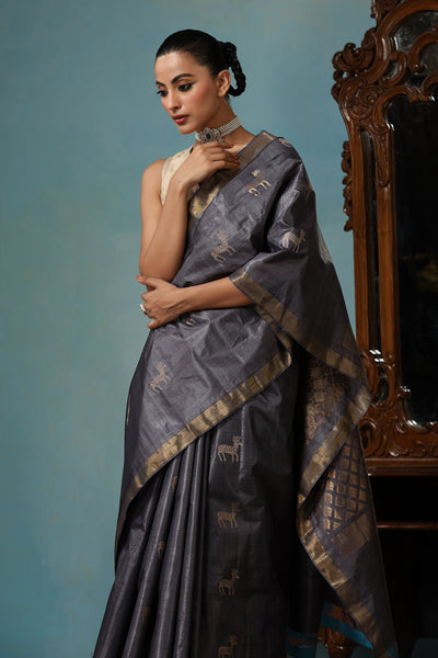 -  Tulip handmade grey Kosa Silk saree with cheetal hiran (deer) design and square box pattern on the palla