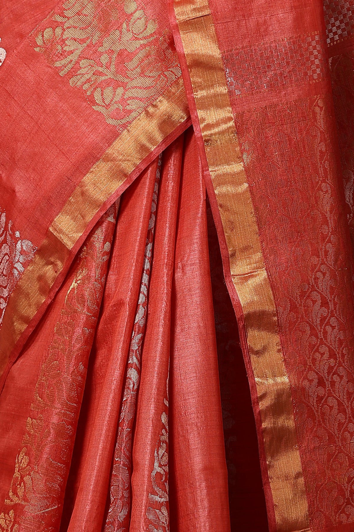 Violet handmade red Kosa Silk saree with lotus design and detailed palla