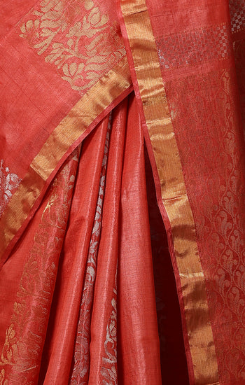 Violet handmade red Kosa Silk saree with lotus design and detailed palla