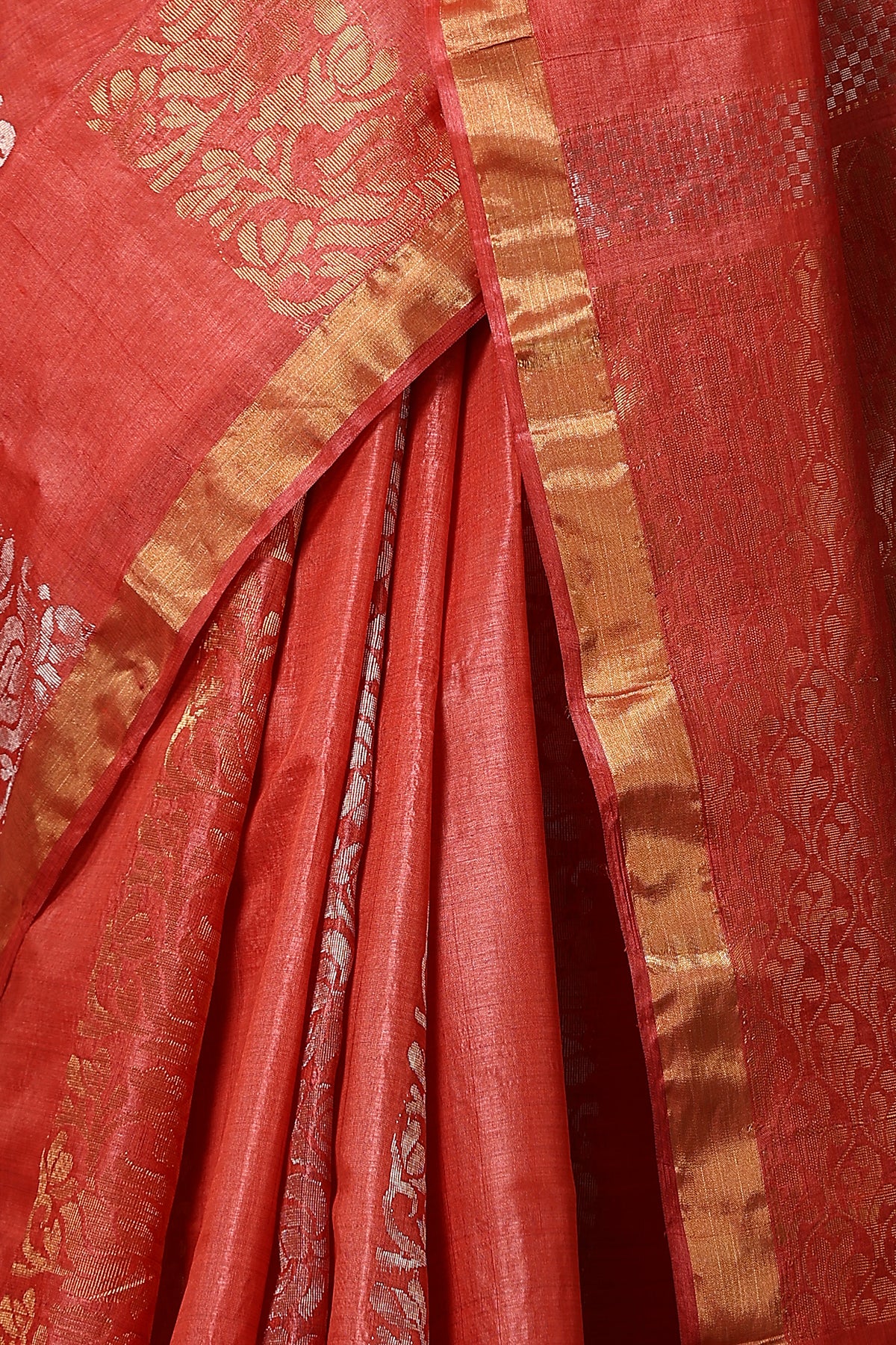 -  Violet handmade red Kosa Silk saree with lotus design and detailed palla
