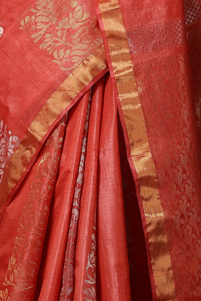 -  Violet handmade red Kosa Silk saree with lotus design and detailed palla