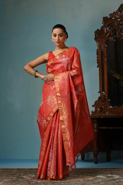 -  Violet handmade red Kosa Silk saree with lotus design and detailed palla