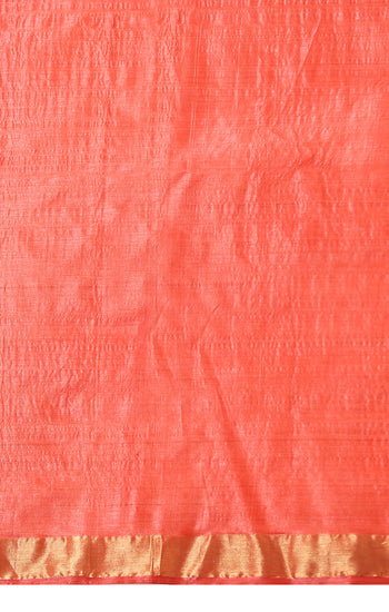 Violet handmade red Kosa Silk saree with lotus design and detailed palla