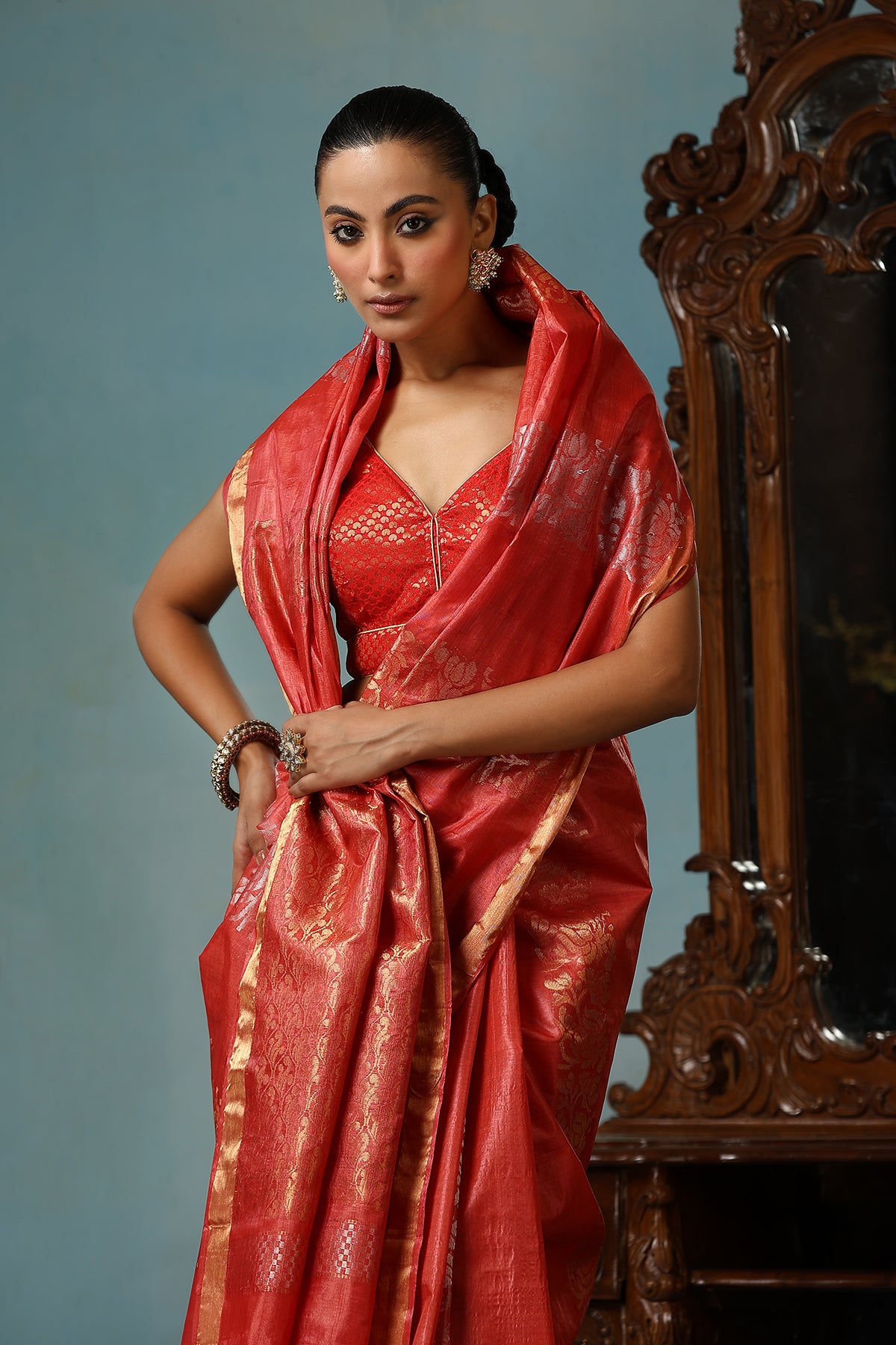 Violet handmade red Kosa Silk saree with lotus design and detailed palla