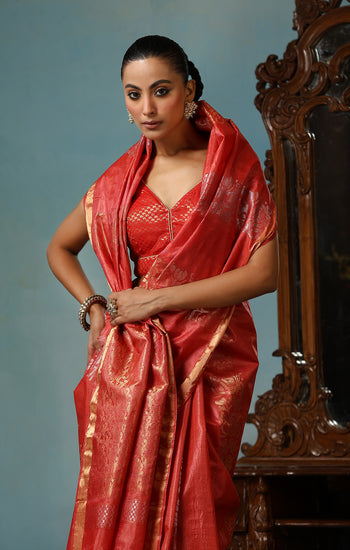 Violet handmade red Kosa Silk saree with lotus design and detailed palla