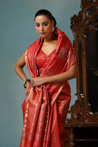 -  Violet handmade red Kosa Silk saree with lotus design and detailed palla