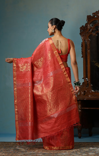 Violet handmade red Kosa Silk saree with lotus design and detailed palla