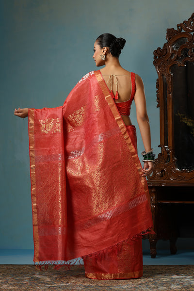 -  Violet handmade red Kosa Silk saree with lotus design and detailed palla