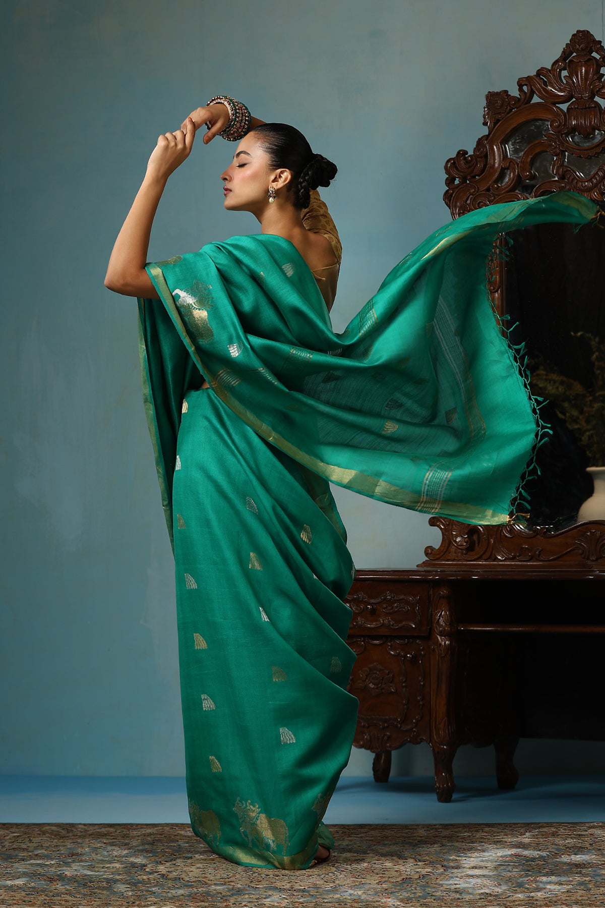 -  Poppy handmade sea green Kosa Silk saree with intricate bail gaadi design