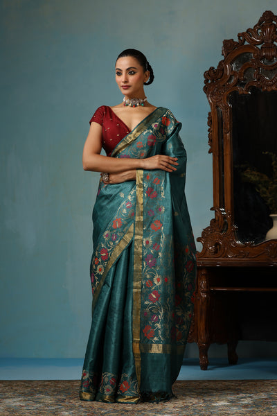 Sunflower handmade turquoise blue Kosa Silk saree with beautiful flower designs all over