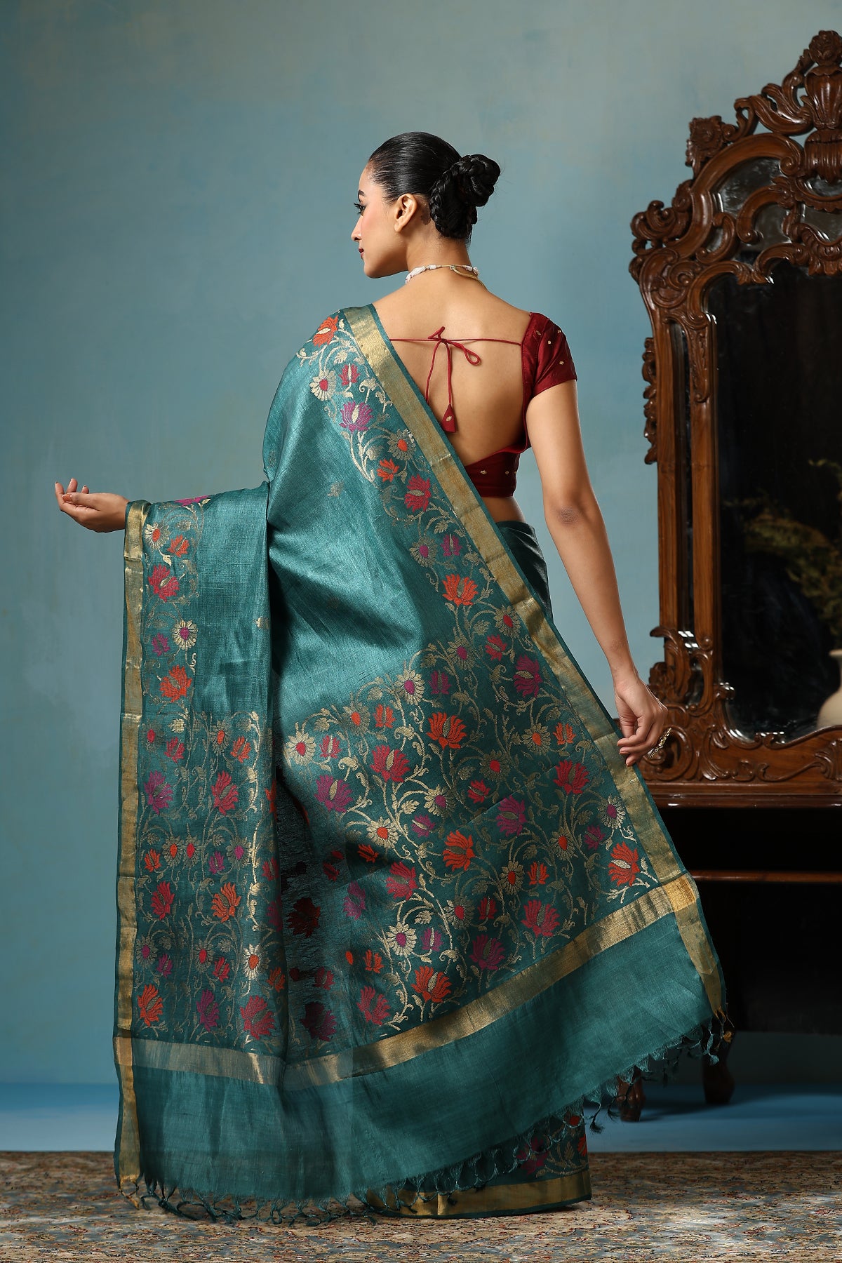 Sunflower handmade turquoise blue Kosa Silk saree with beautiful flower designs all over