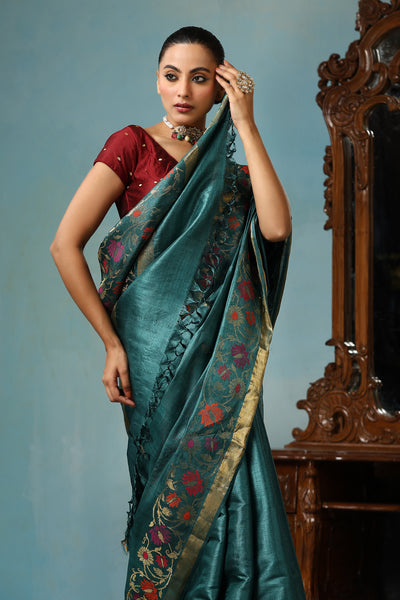 Sunflower handmade turquoise blue Kosa Silk saree with beautiful flower designs all over