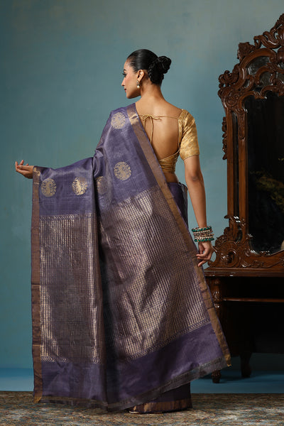 Lotus Handwoven Purple Grey Kosa Silk Mark Saree, ODOP Certified