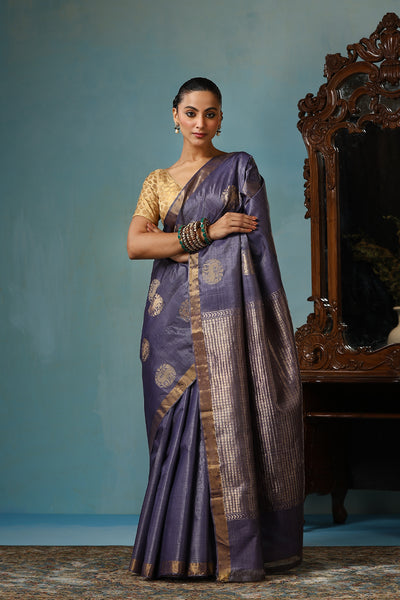 Lotus Handwoven Purple Grey Kosa Silk Mark Saree, ODOP Certified