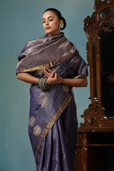 Lotus Handwoven Purple Grey Kosa Silk Mark Saree, ODOP Certified