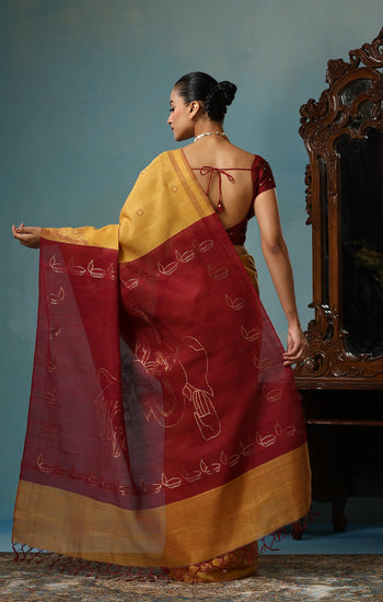 Gardenia Handwoven Mustard Kosa Silk Mark Saree, ODOP Certified
