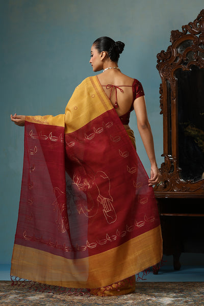 -  Gardenia Handwoven Mustard Kosa Silk Mark Saree, ODOP Certified