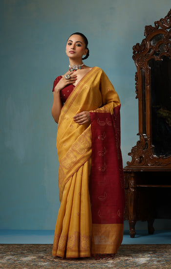 Gardenia Handwoven Mustard Kosa Silk Mark Saree, ODOP Certified