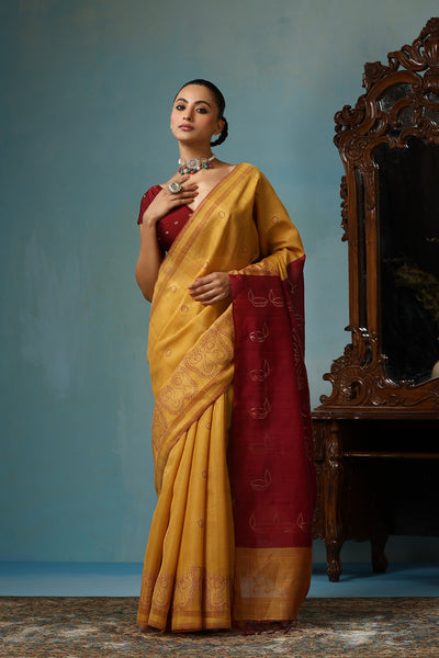-  Gardenia Handwoven Mustard Kosa Silk Mark Saree, ODOP Certified