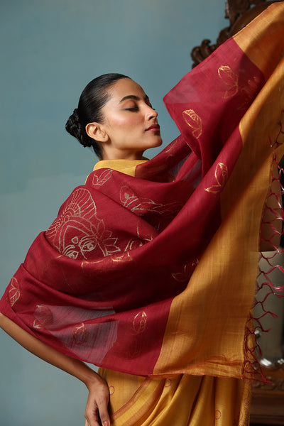 -  Gardenia Handwoven Mustard Kosa Silk Mark Saree, ODOP Certified