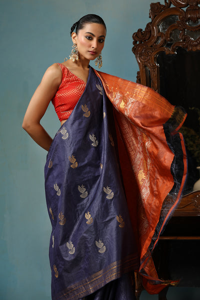 Azalea handmade navy blue Kosa Silk saree with bird motifs and red palla with lotus designs and cows