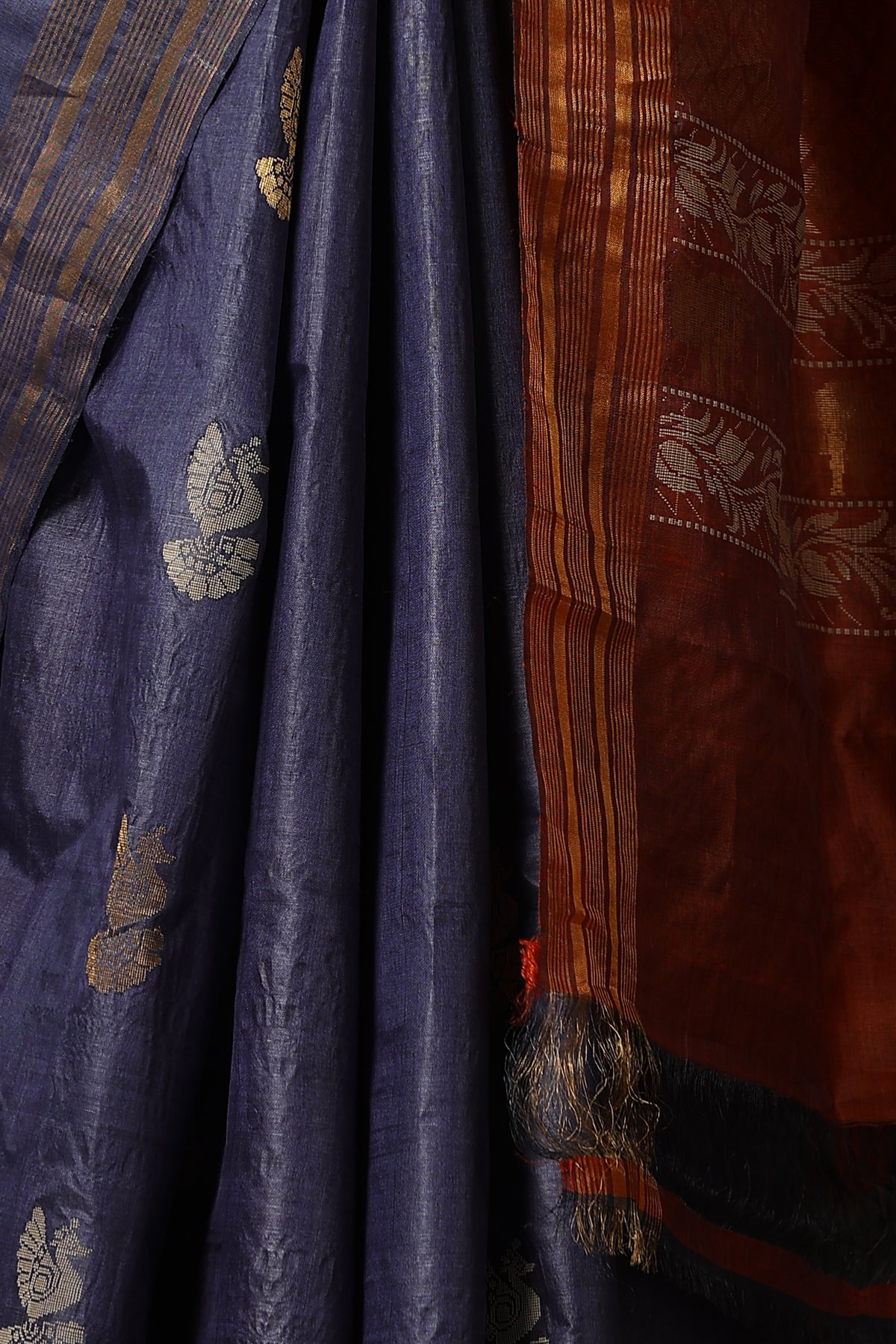 Azalea handmade navy blue Kosa Silk saree with bird motifs and red palla with lotus designs and cows