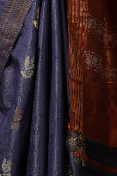 Azalea handmade navy blue Kosa Silk saree with bird motifs and red palla with lotus designs and cows