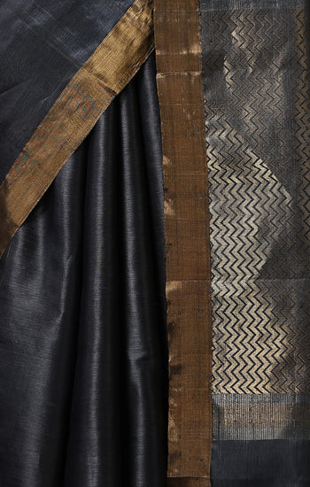 Camellia handmade dark grey Kosa Silk saree with delicate rose designs all over