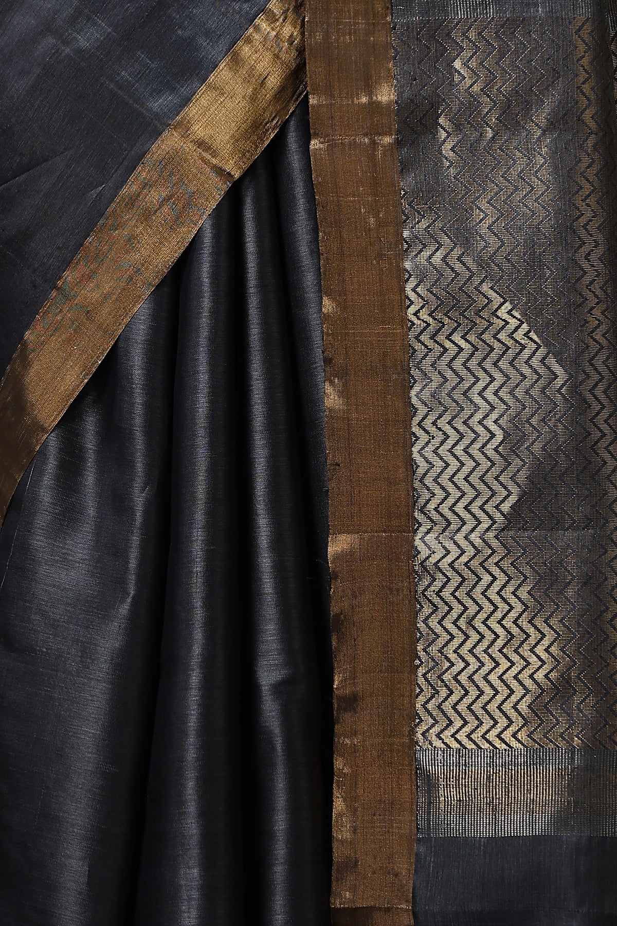 -  Camellia handmade dark grey Kosa Silk saree with delicate rose designs all over