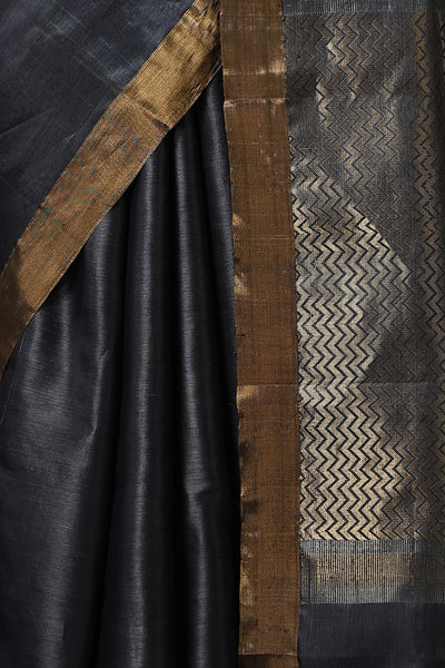 -  Camellia handmade dark grey Kosa Silk saree with delicate rose designs all over