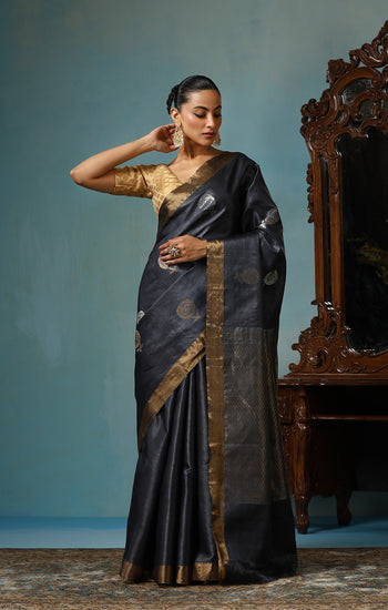 Camellia handmade dark grey Kosa Silk saree with delicate rose designs all over