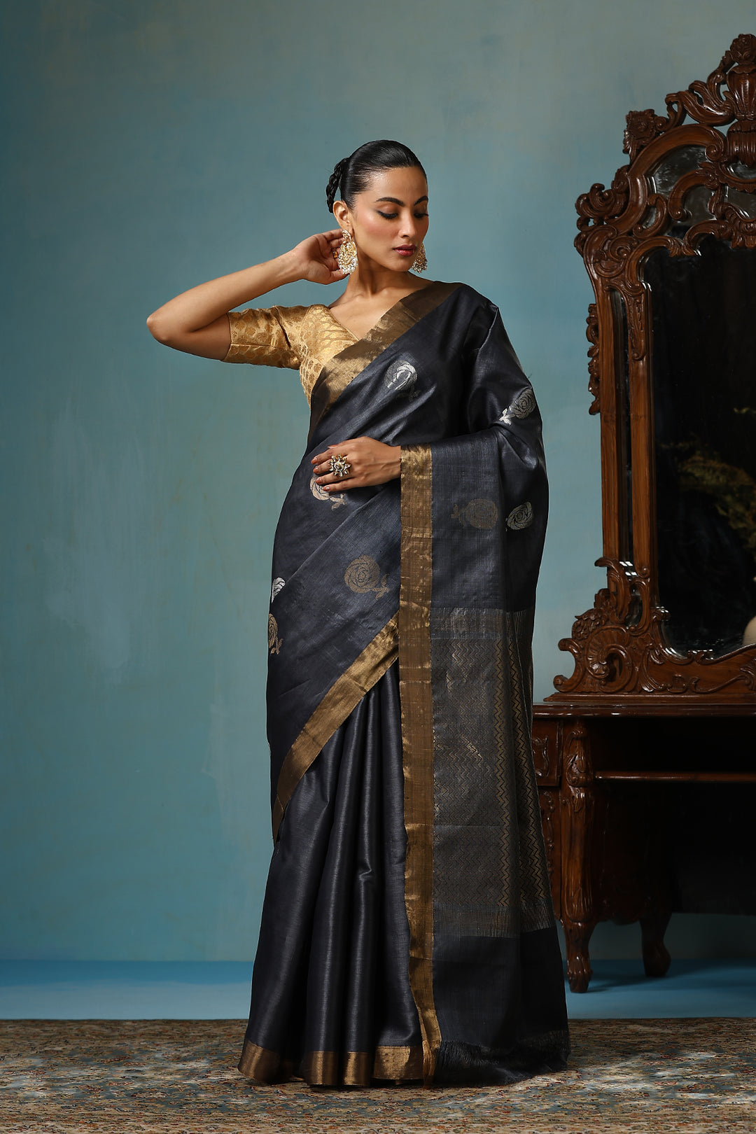 '-  Camellia handmade dark grey Kosa Silk saree with delicate rose designs all over
