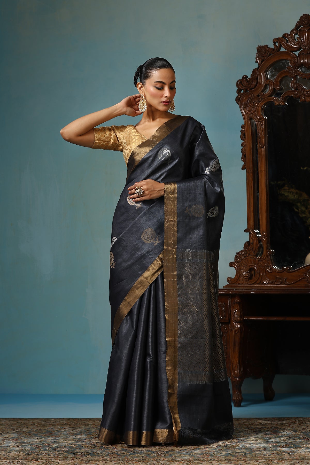 -  Camellia handmade dark grey Kosa Silk saree with delicate rose designs all over