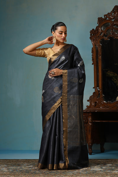 -  Camellia handmade dark grey Kosa Silk saree with delicate rose designs all over