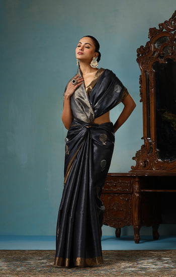 Camellia handmade dark grey Kosa Silk saree with delicate rose designs all over