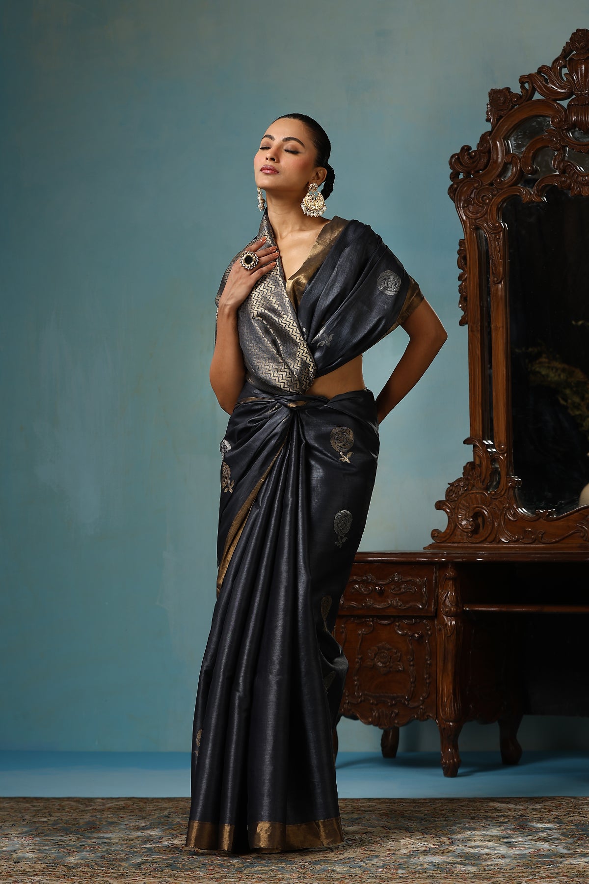-  Camellia handmade dark grey Kosa Silk saree with delicate rose designs all over