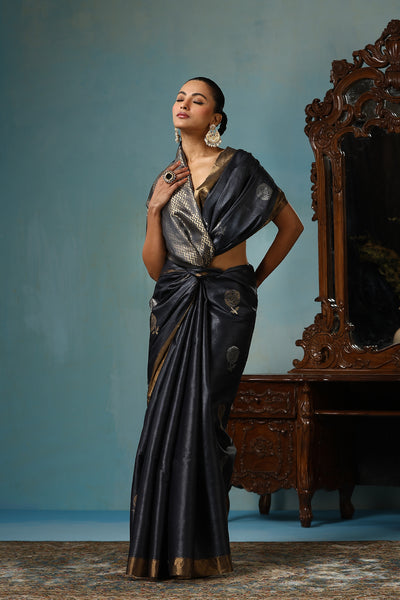 -  Camellia handmade dark grey Kosa Silk saree with delicate rose designs all over