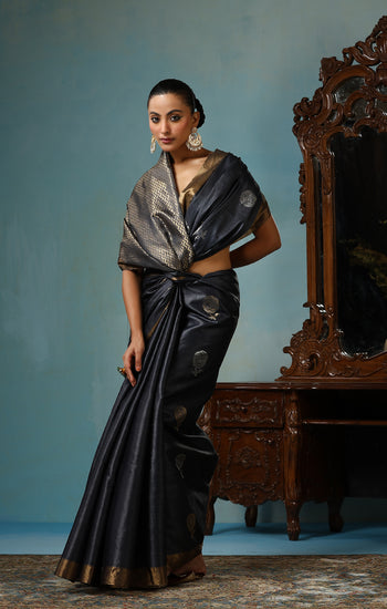 Camellia handmade dark grey Kosa Silk saree with delicate rose designs all over