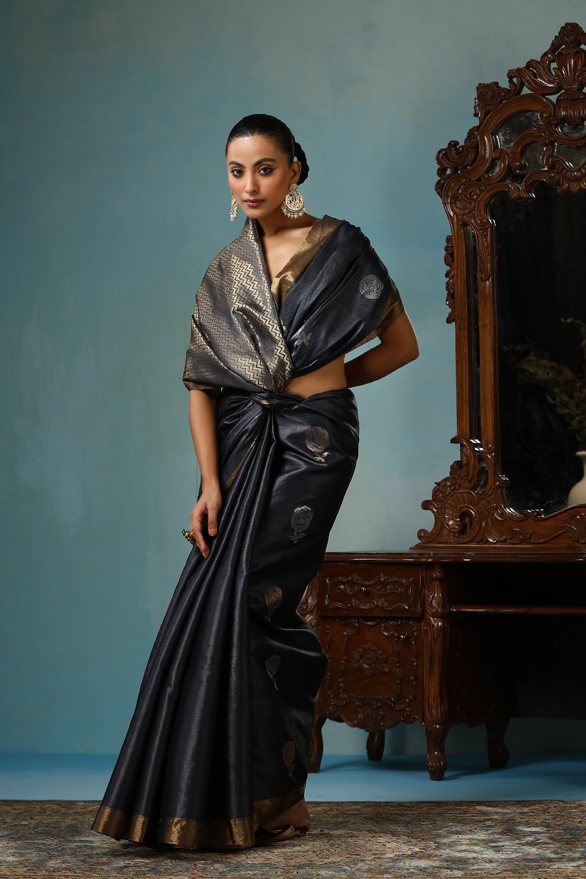 -  Camellia handmade dark grey Kosa Silk saree with delicate rose designs all over