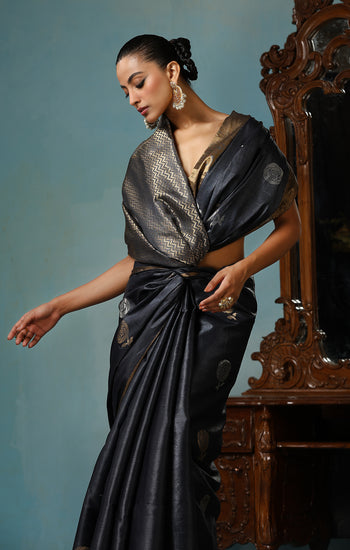 Camellia handmade dark grey Kosa Silk saree with delicate rose designs all over