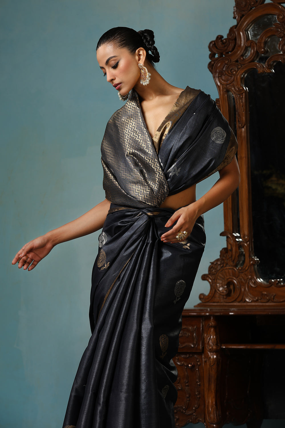 '-  Camellia handmade dark grey Kosa Silk saree with delicate rose designs all over