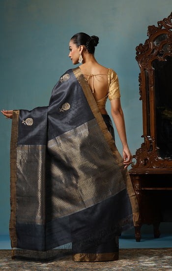 Camellia handmade dark grey Kosa Silk saree with delicate rose designs all over