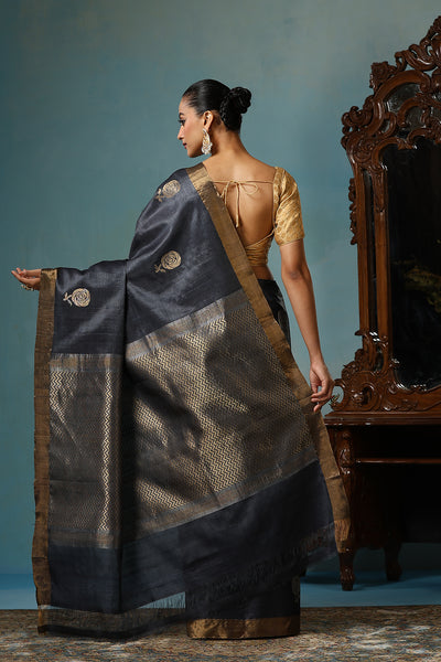 -  Camellia handmade dark grey Kosa Silk saree with delicate rose designs all over