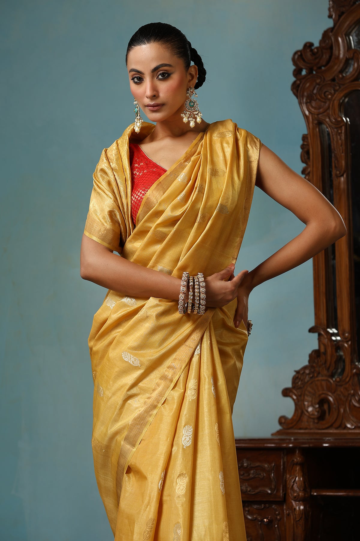 -  Marigold handmade light yellow-gold Kosa Silk saree with flower and leaf designs on the palla
